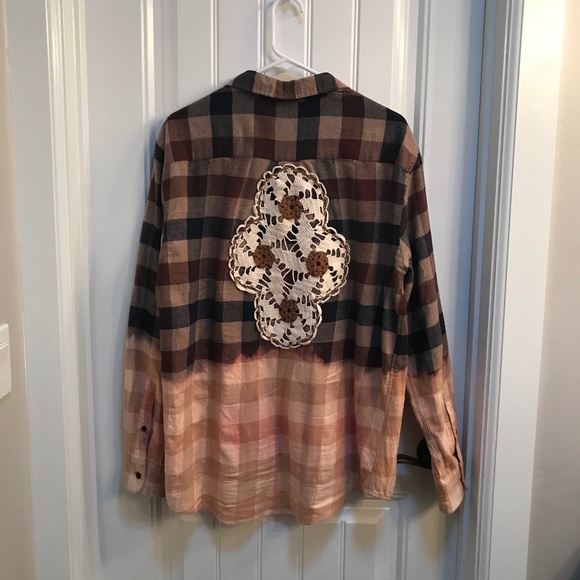 croft & barrow Tops - Upcycled Bleached Boho Dip-Dye Grunge Ombre Flannel Doilie Shirt Men L Women XL